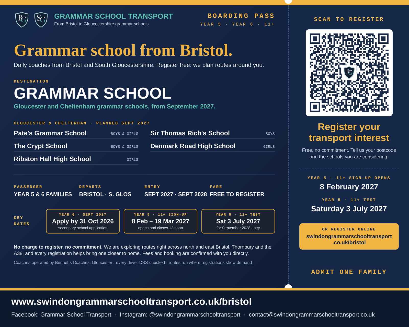 Bristol primary flyer for Year 5 and Year 6 families: Gloucestershire grammar schools from Bristol, daily coaches from September 2027.