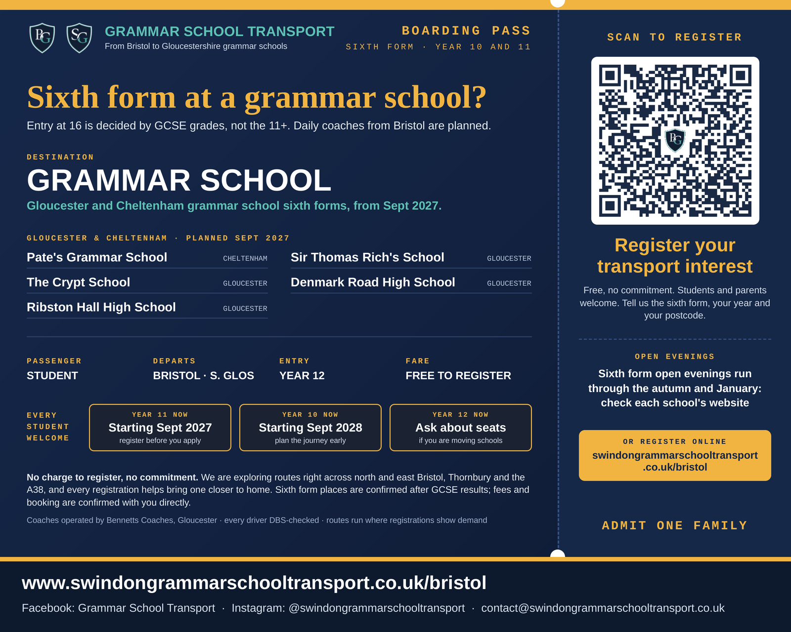 Bristol sixth-form flyer for Year 10 and Year 11 families: grammar school sixth form from Bristol, daily coaches from September 2027.